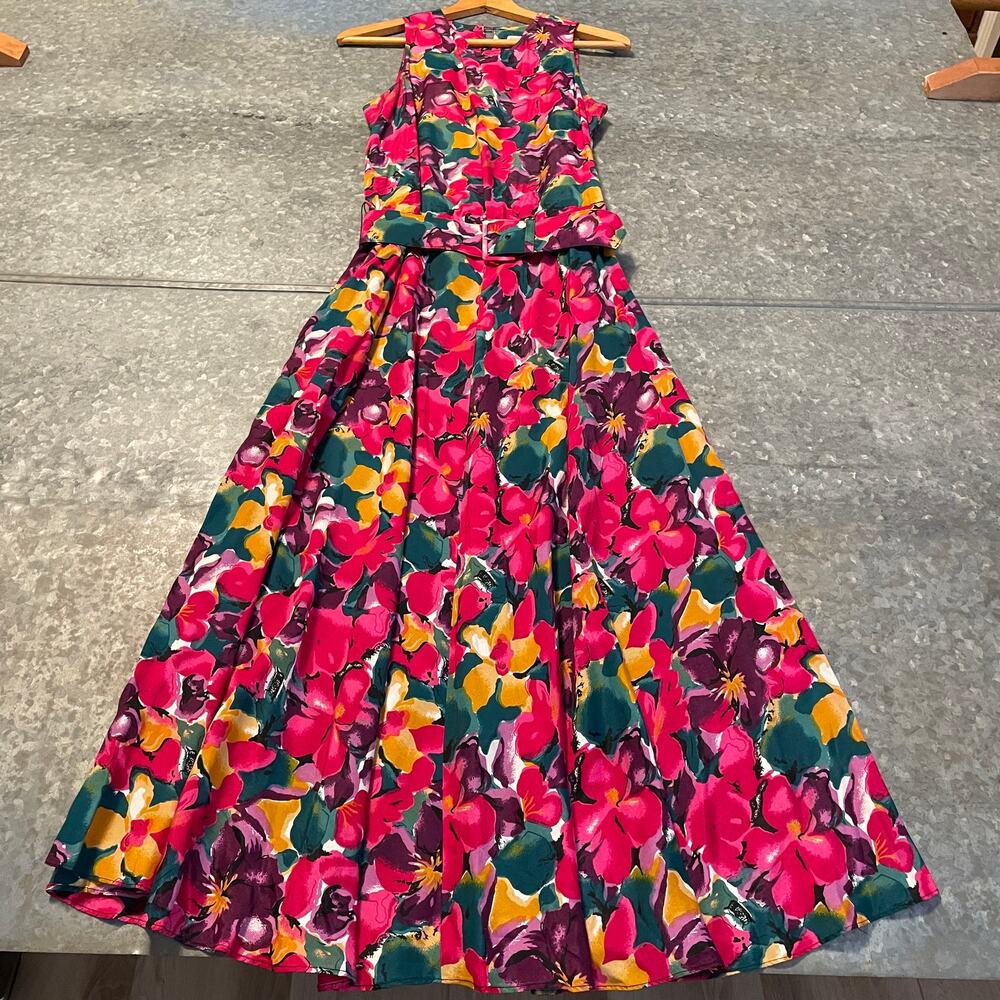 Vintage ED Michaels by Melanie Drucker 80s Retro Floral Belted Maxi Dress 5/6